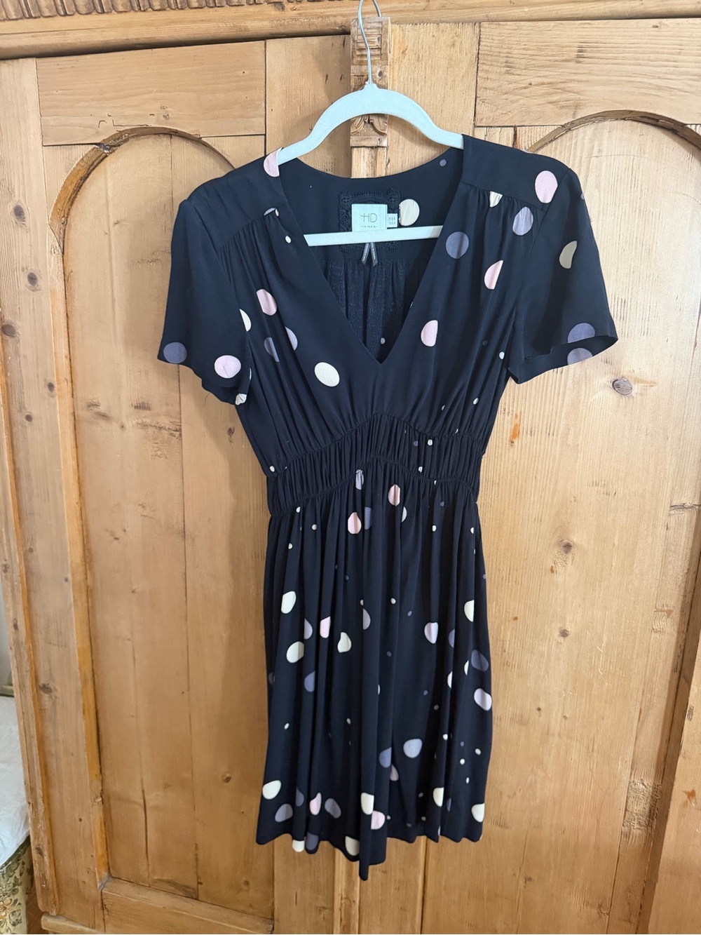 HD in Paris Black V-Neck Short Sleeve Dress with Pastel Polka Dots